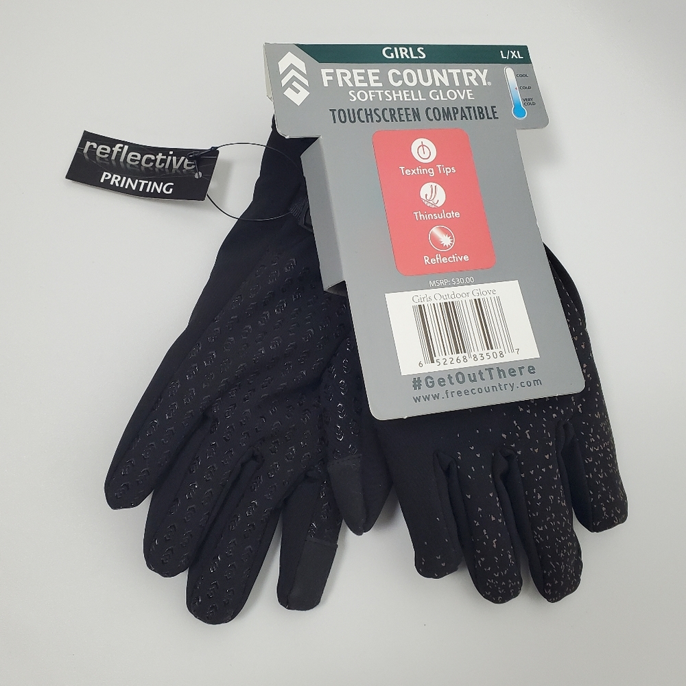 "New" Free Country Softshell Glove Girls Touchscreen Compatible Black Size L/XL.
